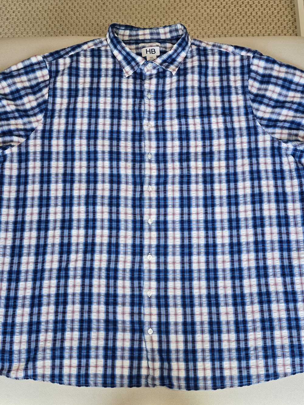 Hampton Bay HB 4XL Short Sleeve Blue Plaid Shirt Pocket Summer Cool Dry Classic